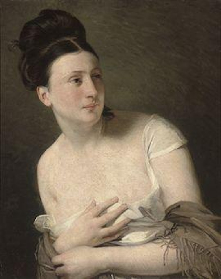 Portrait of a lady, bust-length, in a white gown by Claude Marie Dubufe