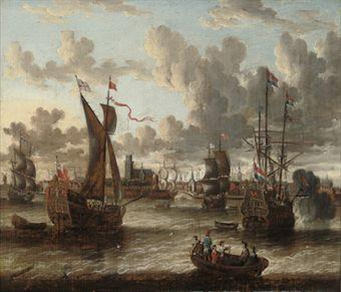 Dutch and English men-o'-war on the Maas, the port of Dordrecht beyond by Pieter van de Velde