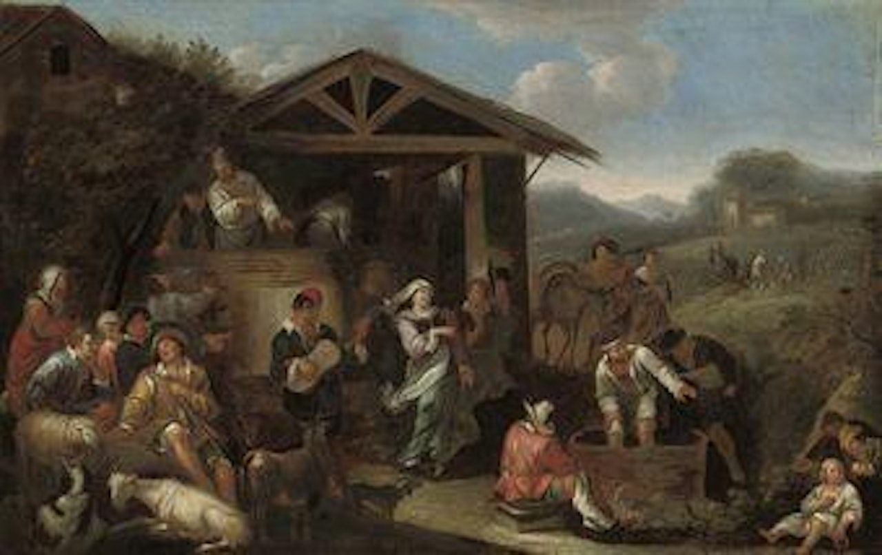 An Italianate landscape with peasants making merry and pressing grapes by Theodor Helmbreker