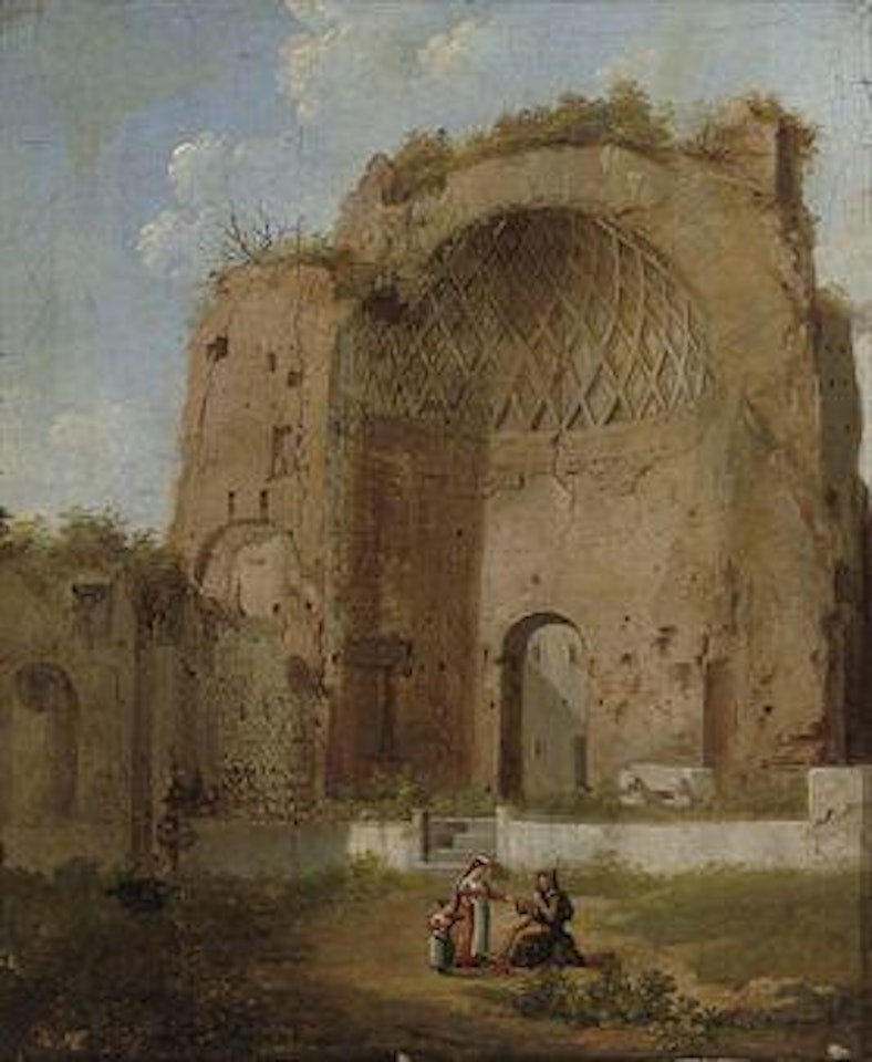 A Roman ruin with a woman and child conversing with a monk by Giacomo van Lint