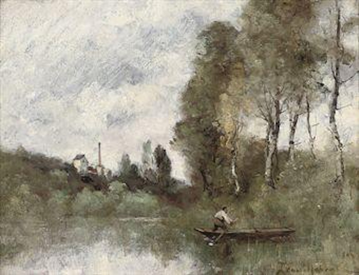 A fisherman on the river by Paul Désiré Trouillebert