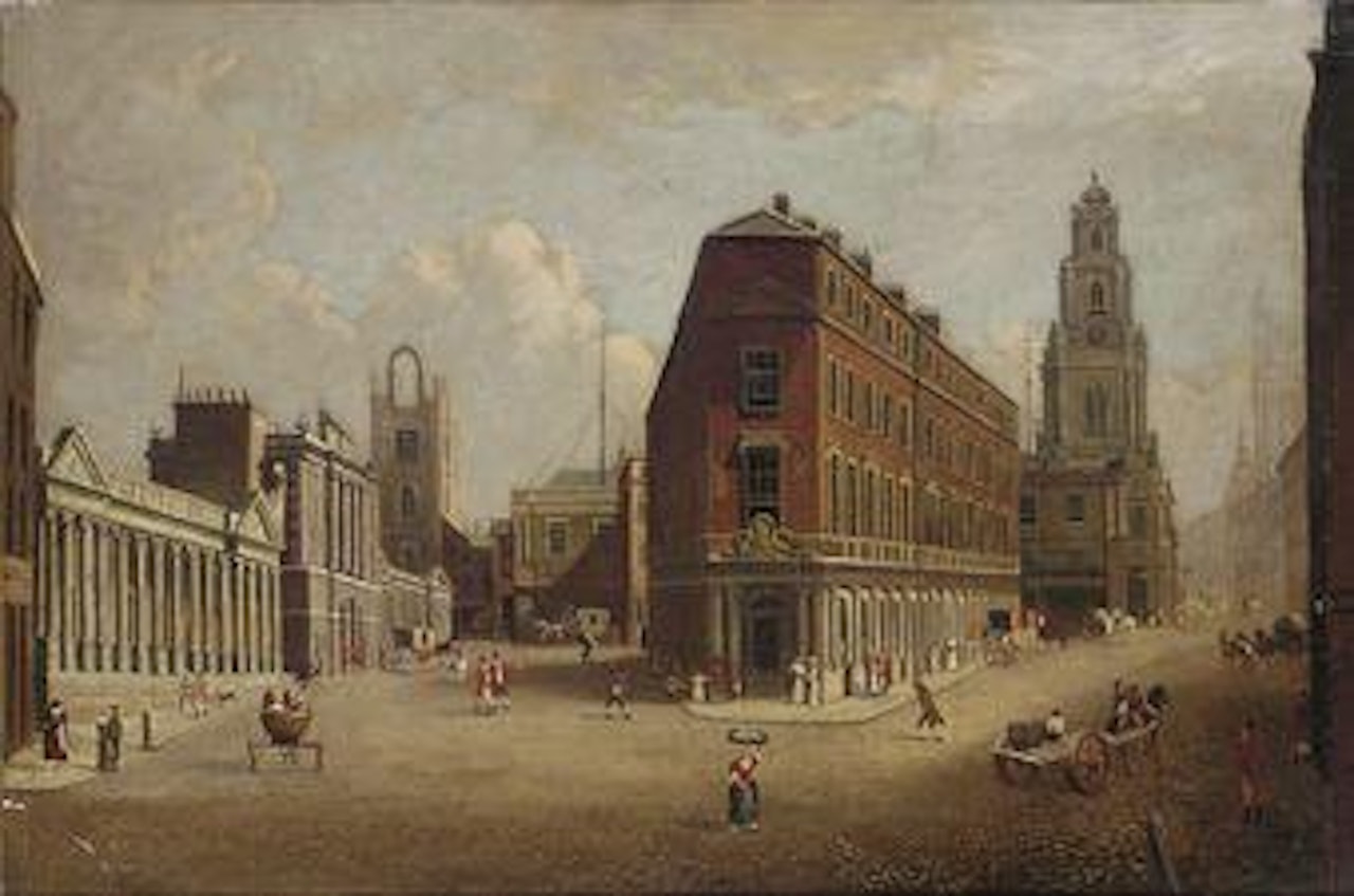 A view of the Bank of England and the Royal Exchange, London by English School