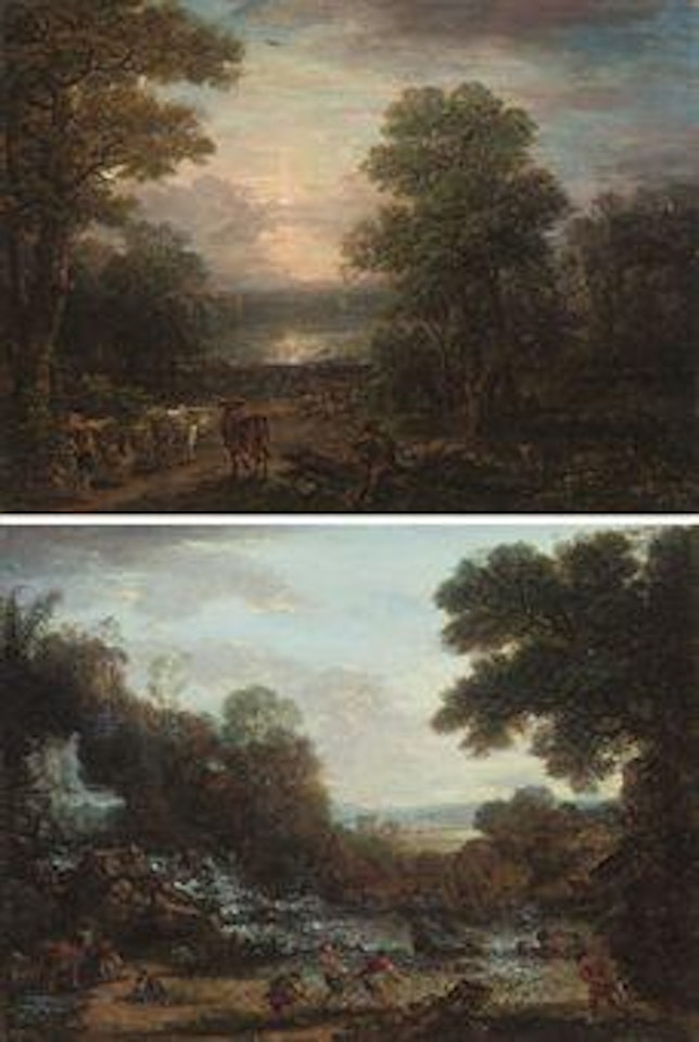 A wooded river landscape with drovers and their cattle; and A wooded river landscape with fishermen hauling in their nets by John Wootton