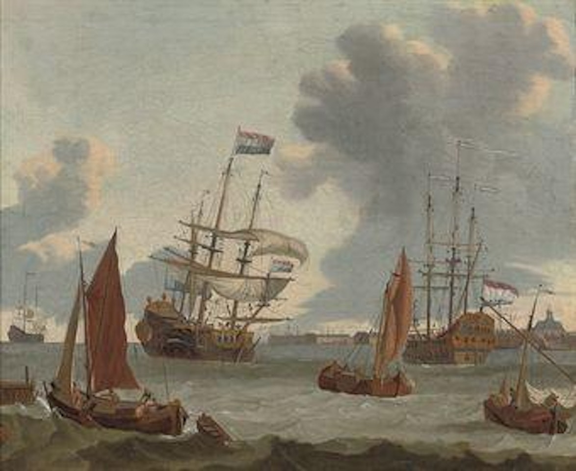 A Dutch man-'o-war and other vessels off the coast by Abraham Storck