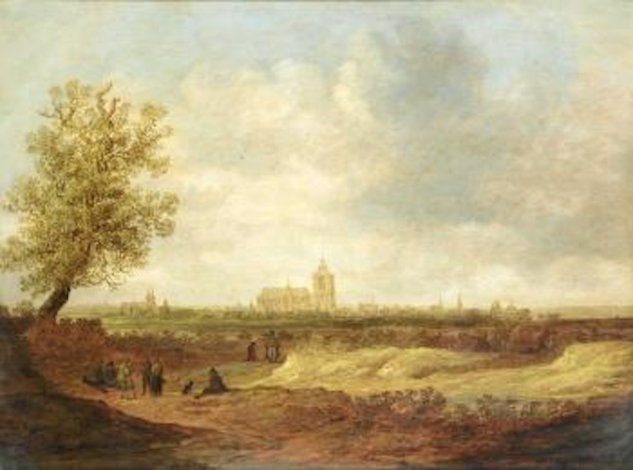 Travellers on a path, with Arnhem in the distance by Jan van Goyen