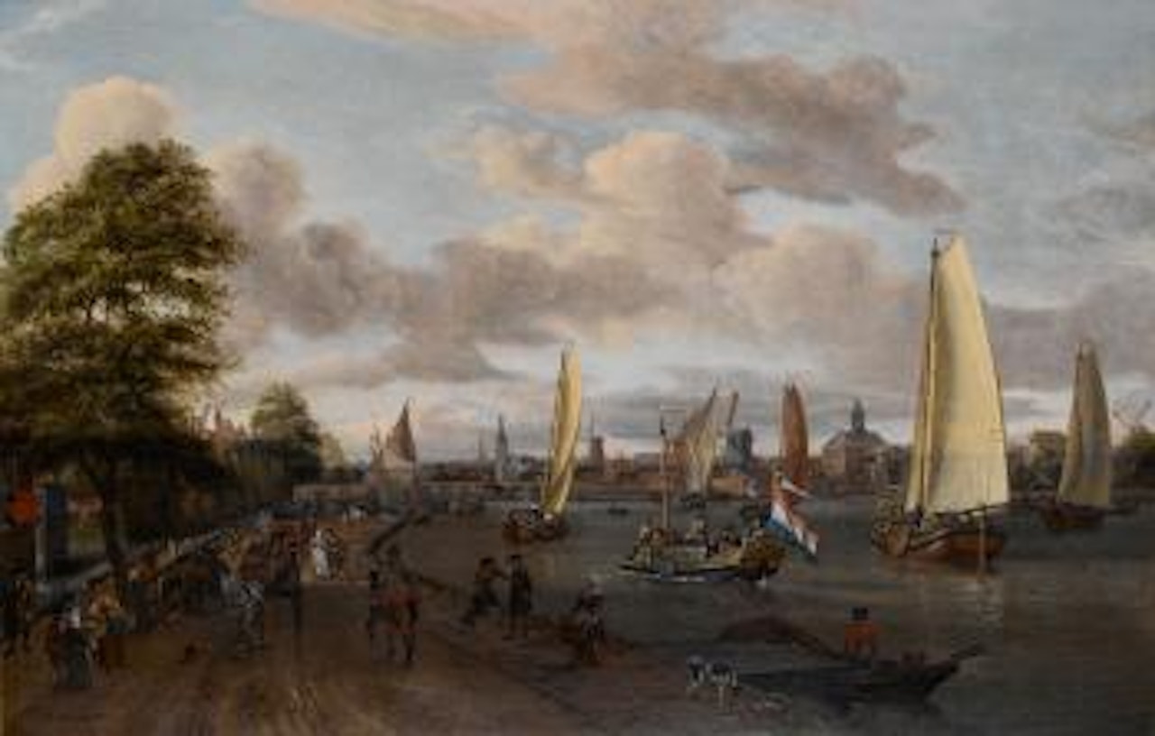 The river Buiten-Amstel with a trekschuit and other shipping, elegant figures and carriages on the bank and a view to Amsterdam beyond by Abraham Storck