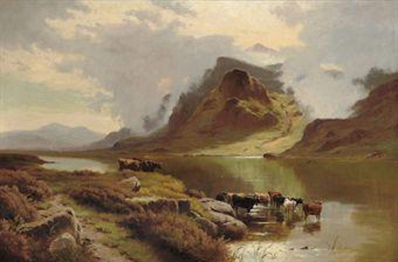 Cattle watering in a mountain lake by Sidney Richard Percy