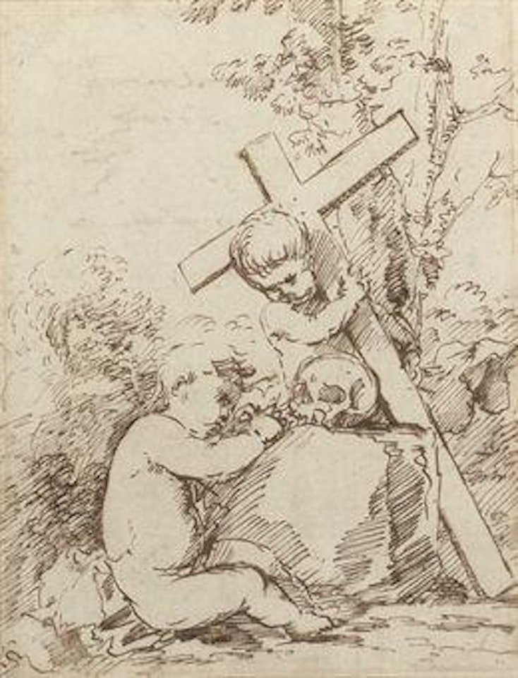 Two putti with a skull and a cross by Salvator Rosa