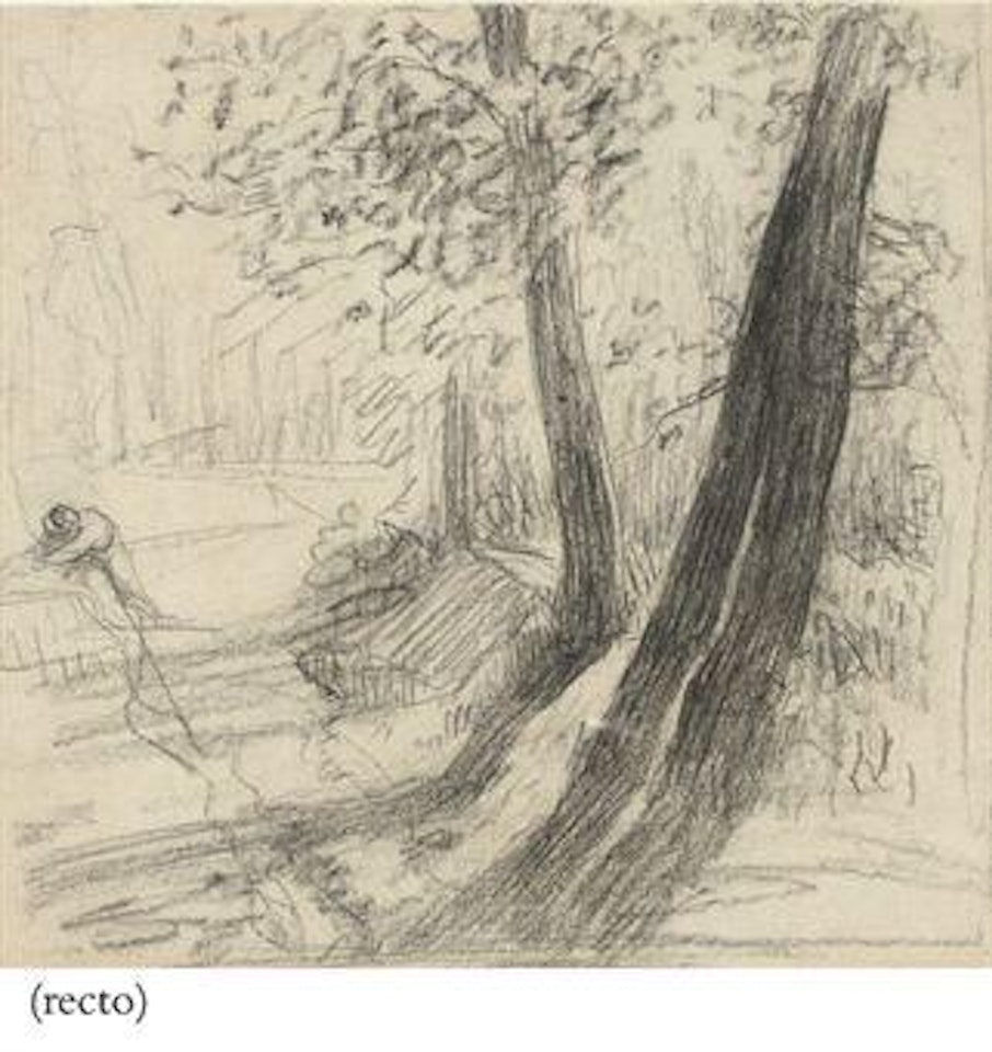 A wooded landscape with a figure resting beside a stream (recto); Studies of figures and animals (verso) by Jean-François Millet