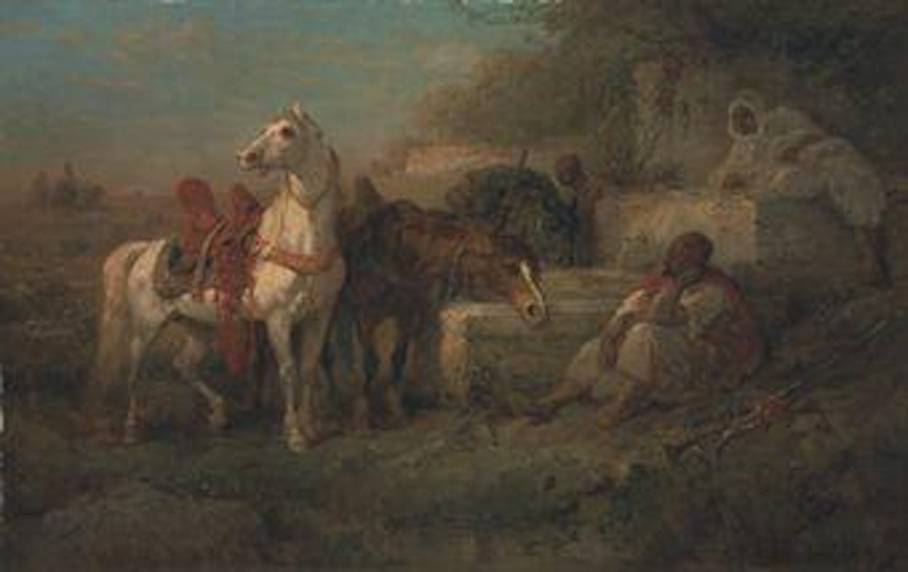 Watering the horses outside a desert town by Adolf Schreyer