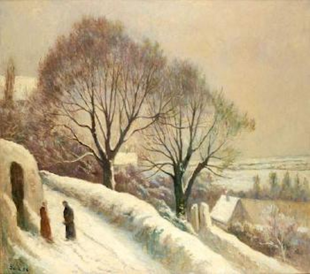 La route de l'église sous la neige, Rolleboise by Maximilien Luce
