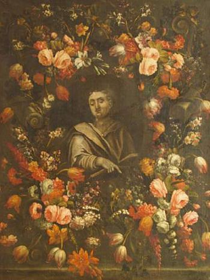 Guirlande de fleurs entourant un buste en grisaille by Flemish School