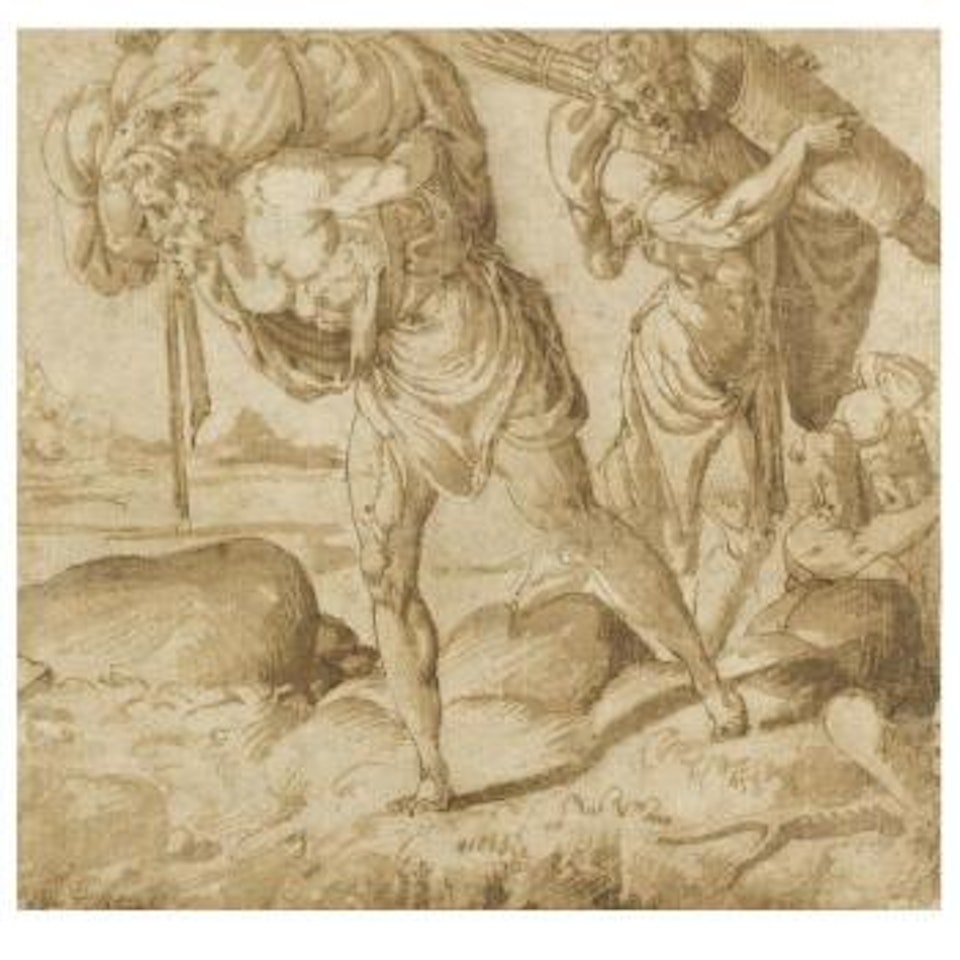 Three Men Bearing War Loot Up A Mountain Path by Francesco Salviati
