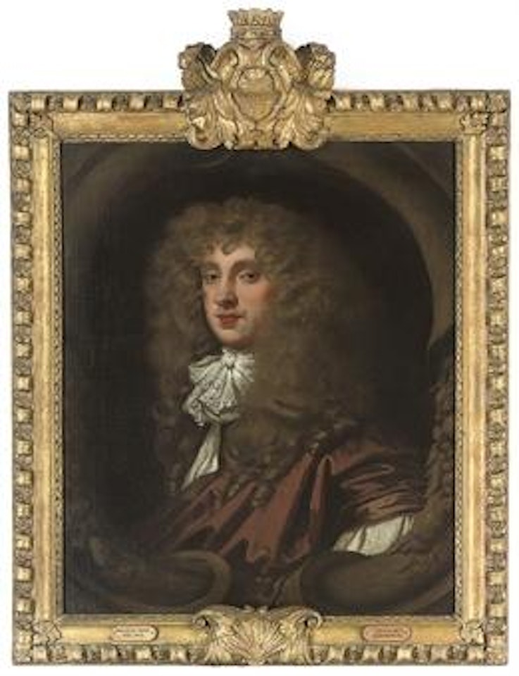 Portrait of a gentleman, traditionally identified as Christopher Monck, 2nd Duke of Albemarle (1652-1688), bust-length, in a brown robe and lace cravat, in a sculpted cartouche by Sir Peter Lely