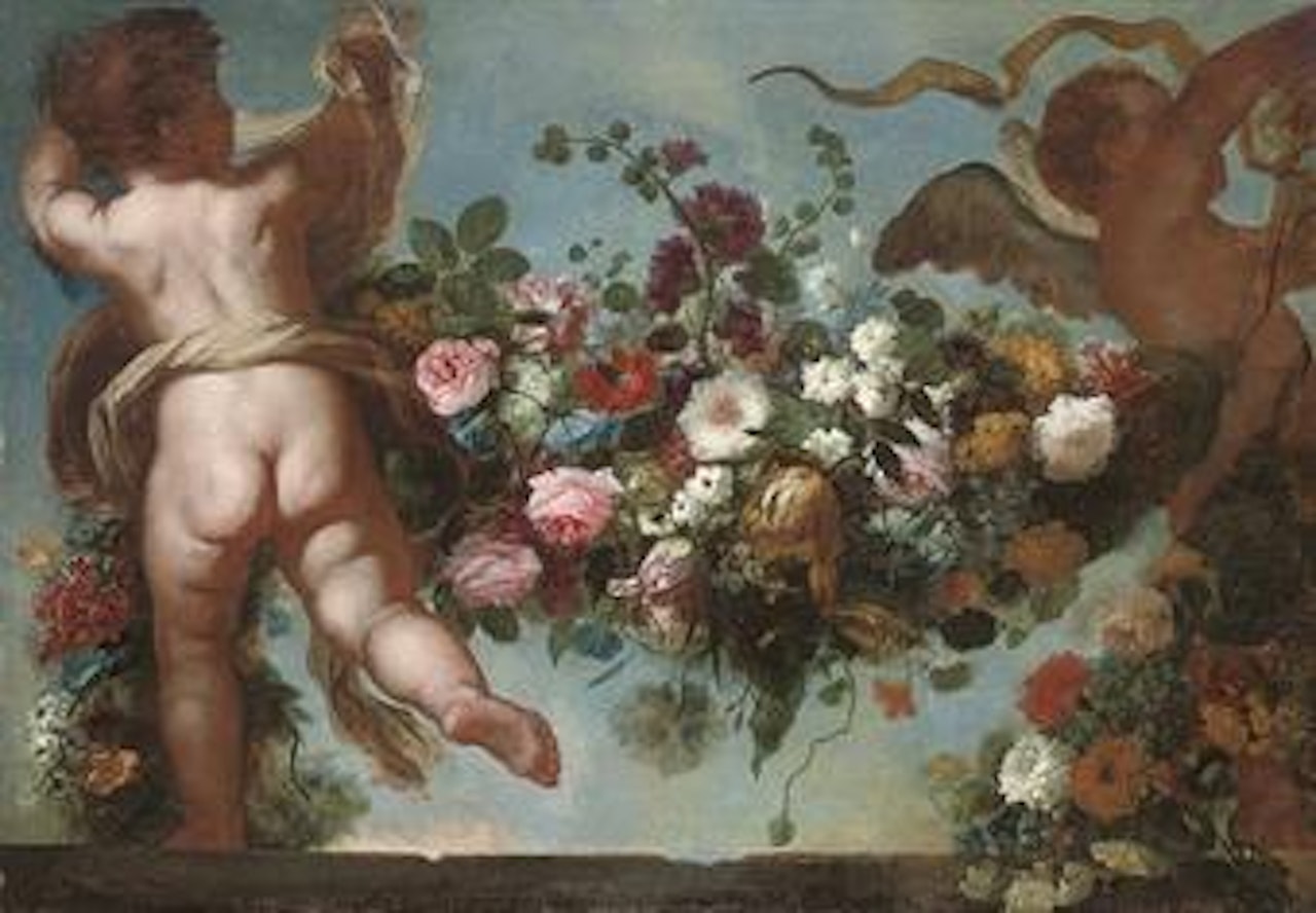 Putti raising a festoon of flowers by Franz Werner von Tamm