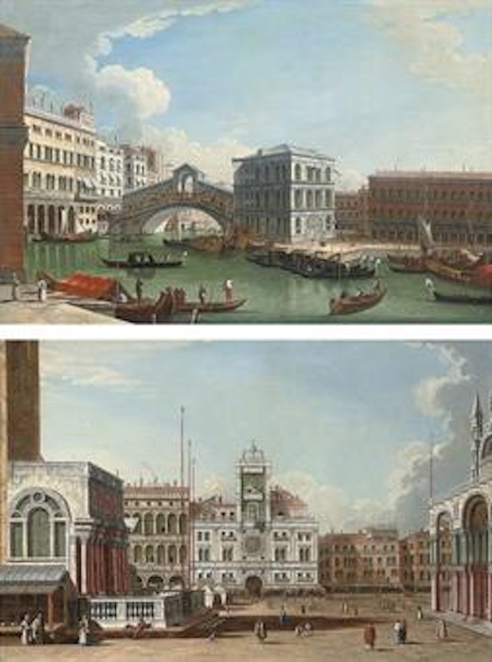 A view of the Rialto Bridge with the Palazzo dei Camerlenghi; and A view of Saint Mark's Square by Venetian School