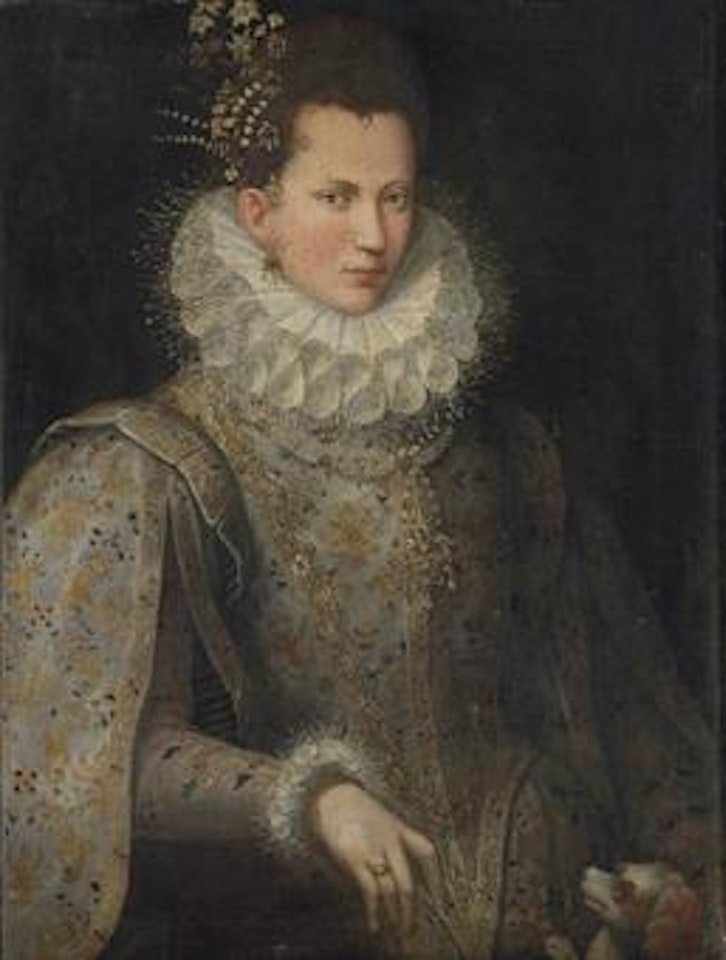 Portrait of a lady, half-length, in an embroidered gown and white collar, with a dog by Lavinia Fontana