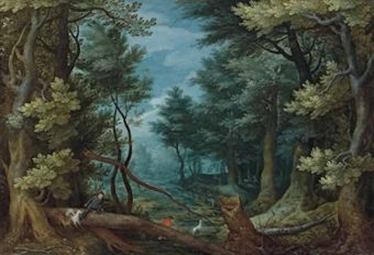A forest landscape with hunters giving chase to a stag by Jan Brueghel the Younger