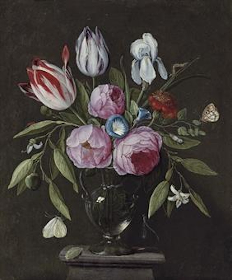 Roses, tulips, an iris and other flowers, in a glass vase on a stone plinth, with butterflies and other insects by Jan Van Kessel The Elder