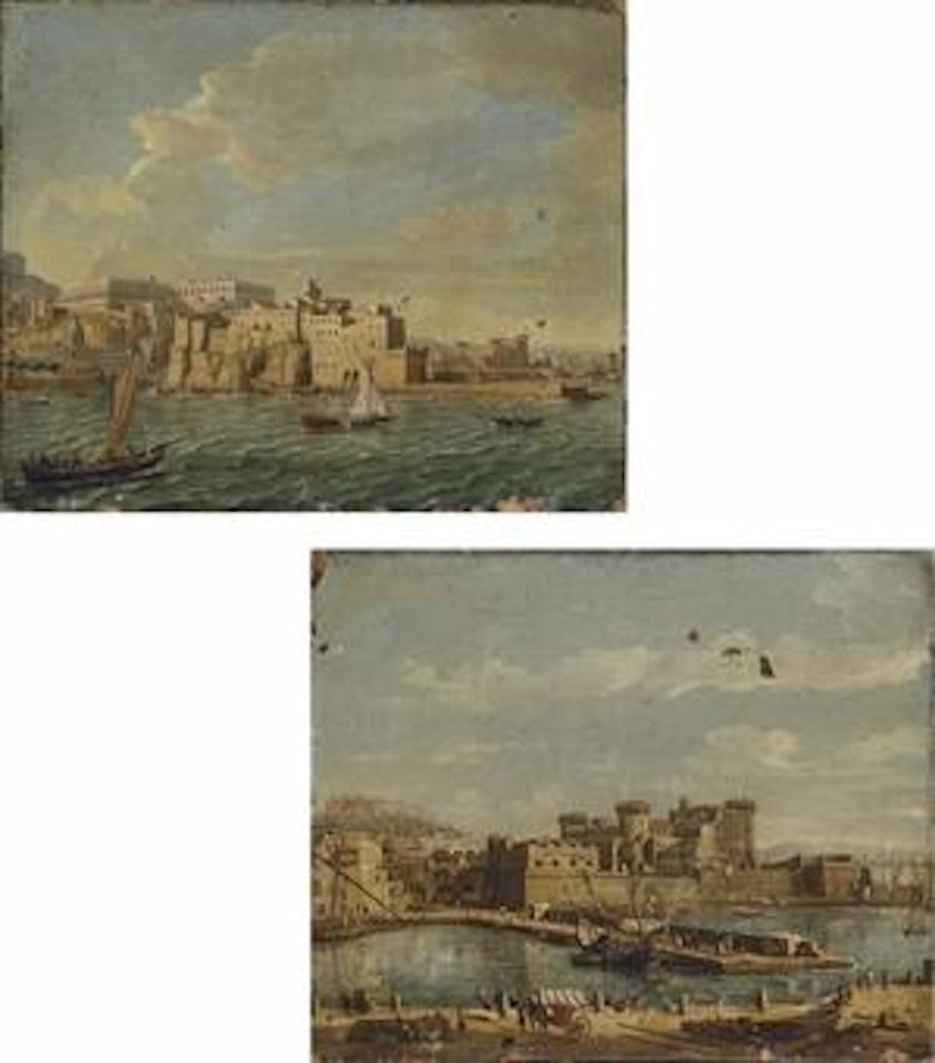 Naples from the Sea, looking North East towards the Castel dell'Ovo, with the Castel Sant'Elmo and the Certosa di San Martino beyond. The Darsena, Naples, with the Castel Nuovo and the Castel Sant'Elmo beyond. by Gaspar van Wittel