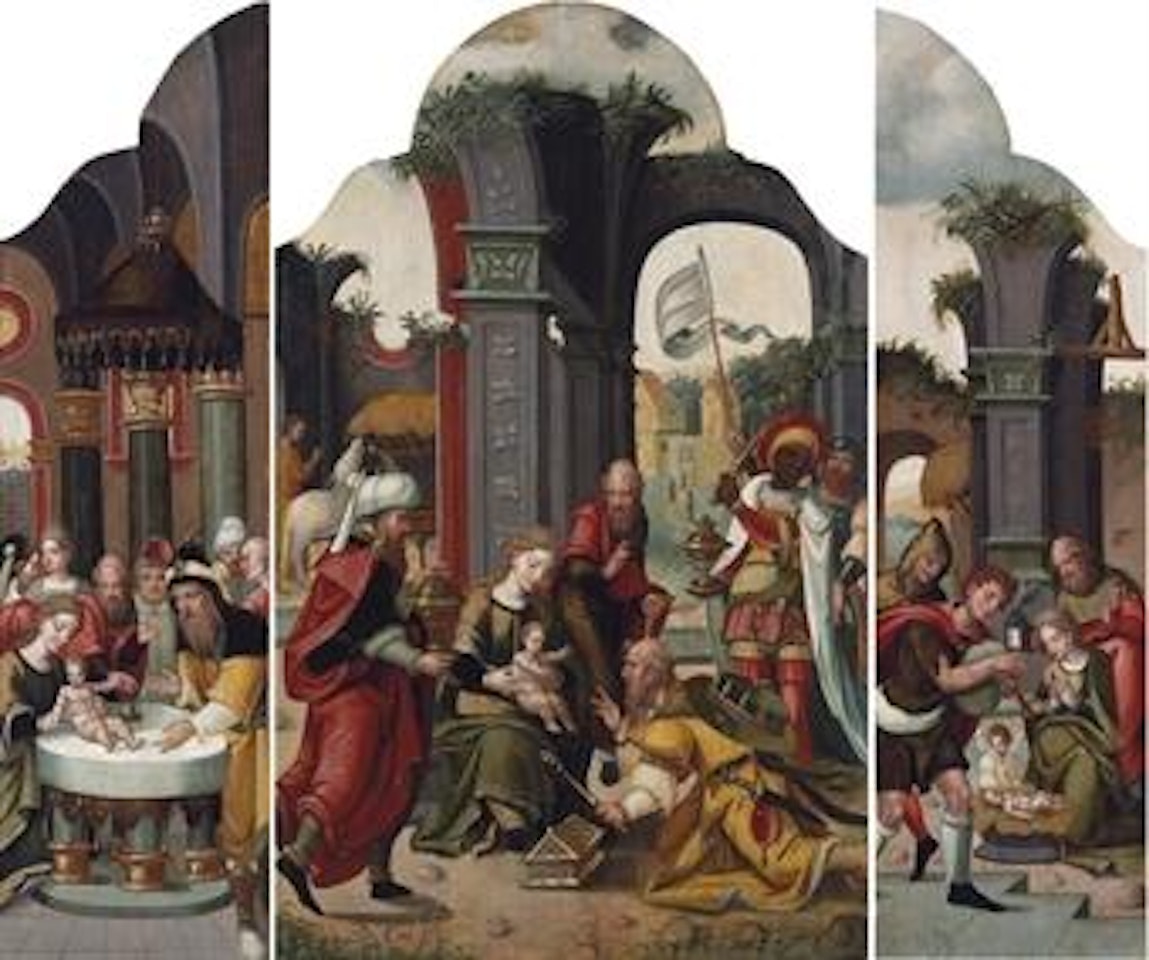 A triptych: The Adoration of the Magi; The Circumcision; The Adoration of the Shepherds by Attributed to Pieter Coecke van Aelst I