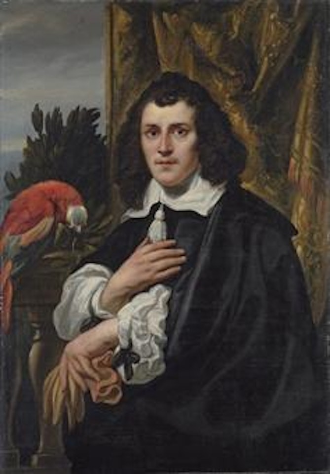 Portrait of a young man, half-length, in black doublet and cloak with white collar and sleeves, holding a pair of gloves, a parrot on a parapet beside him by Jacob Jordaens