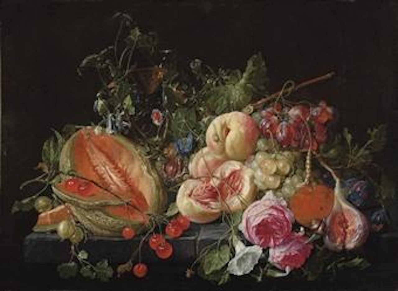 A cut melon, cherries, gooseberries, peaches, grapes, figs, plums, flowers, snails and insects on a stone ledge by Cornelis de Heem