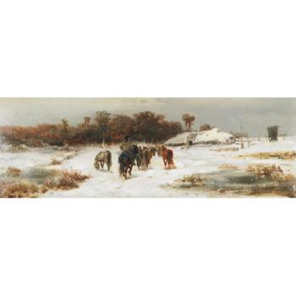 Horseman and herd nearing home in the snow by Adolf Schreyer