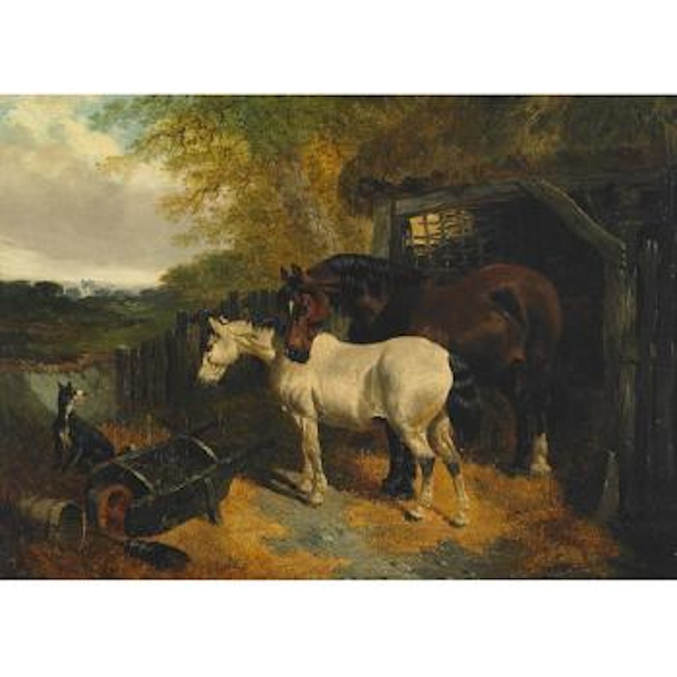 Horses and a dog in a barnyard by John Frederick Herring