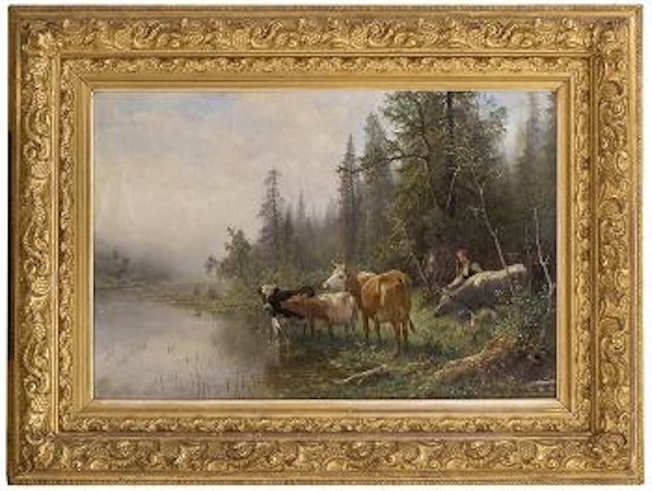 Norwegian forest landscape with cows by Anders Monsen Askevold