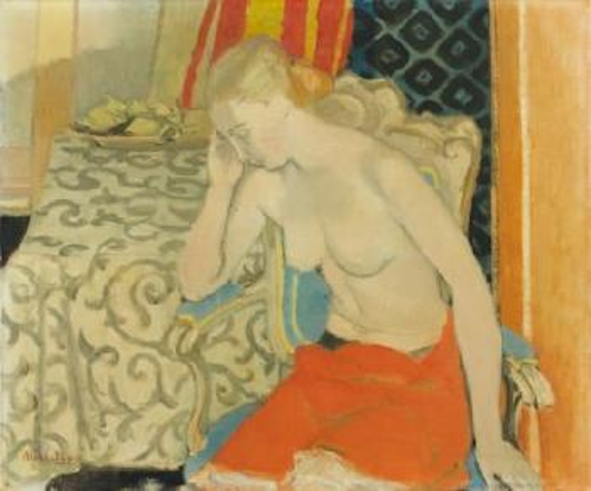 Jeune femme pensive assise dans un fauteuil bleu le torse denude by Maurice Brianchon