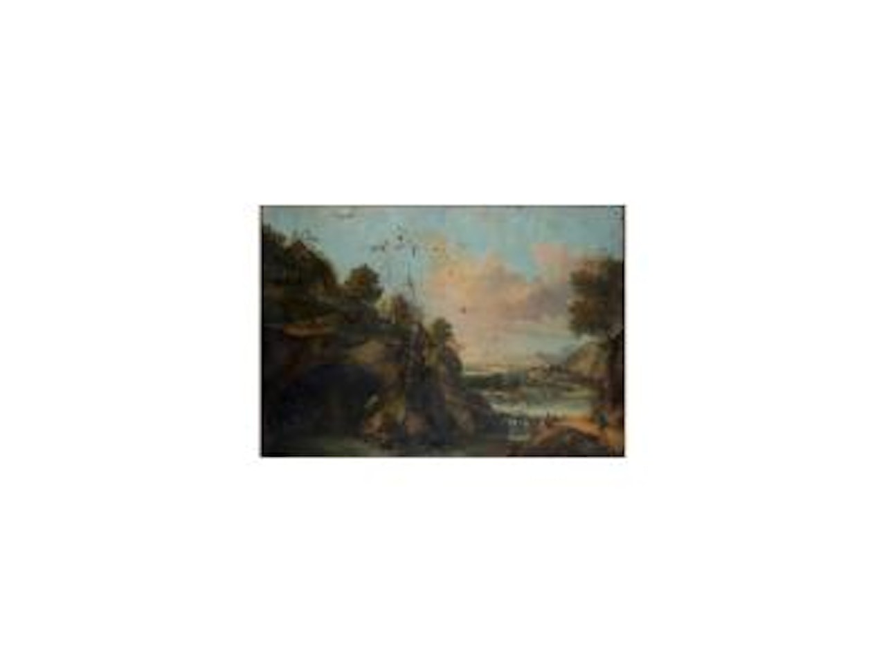 Paysage de montagne traverse par une riviere anime de promeneurs by Giovanni Battista Cimaroli