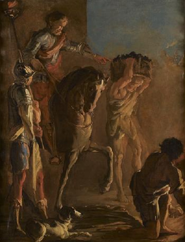Cavaliers pres d'un feu dans un campement by Sebastiano Ricci