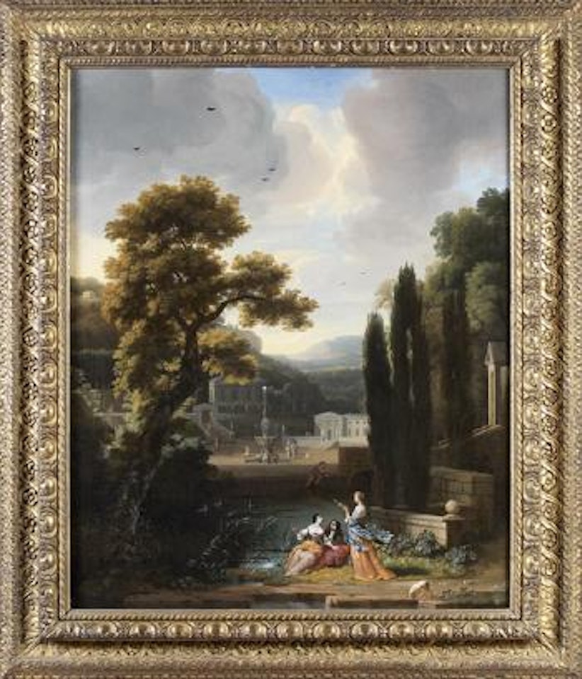 Elegants et pecheur dans un paysage classique by Dutch School by Isaac de Moucheron