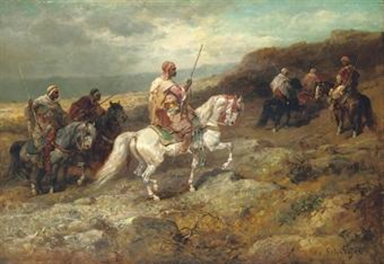 Arab warriors on a rocky hillside by Adolf Schreyer
