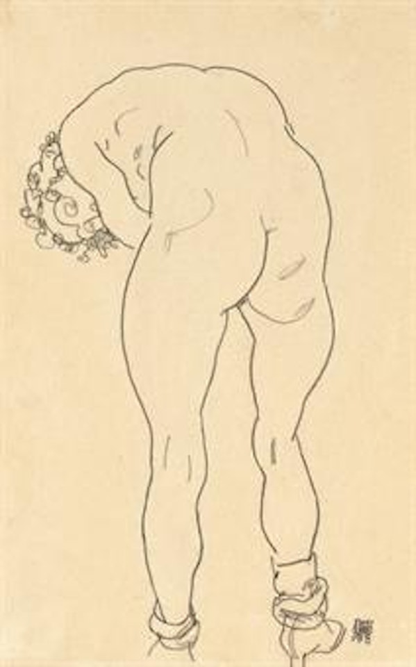 Weiblicher Rückenakt, nach vorner gebeugt by Egon Schiele