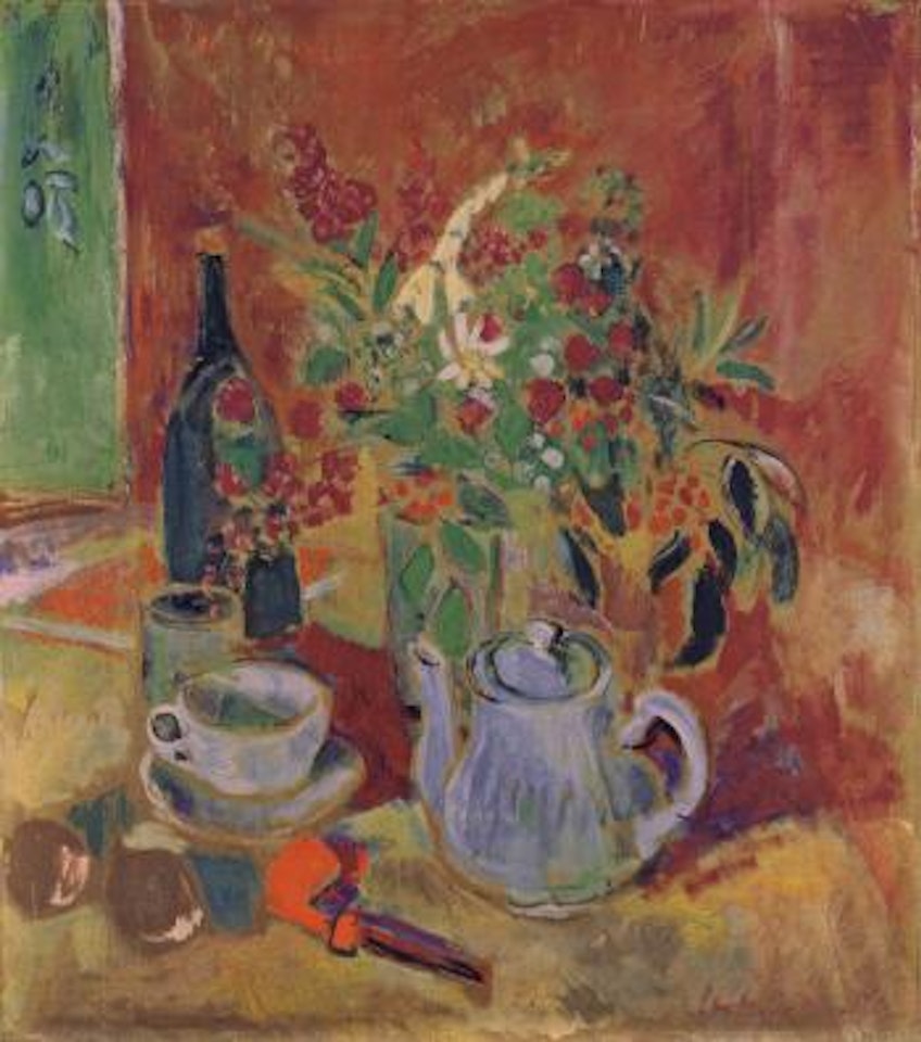 Stilleben mit Blumenstrauss, Kanne und Pfeife by Oskar Moll