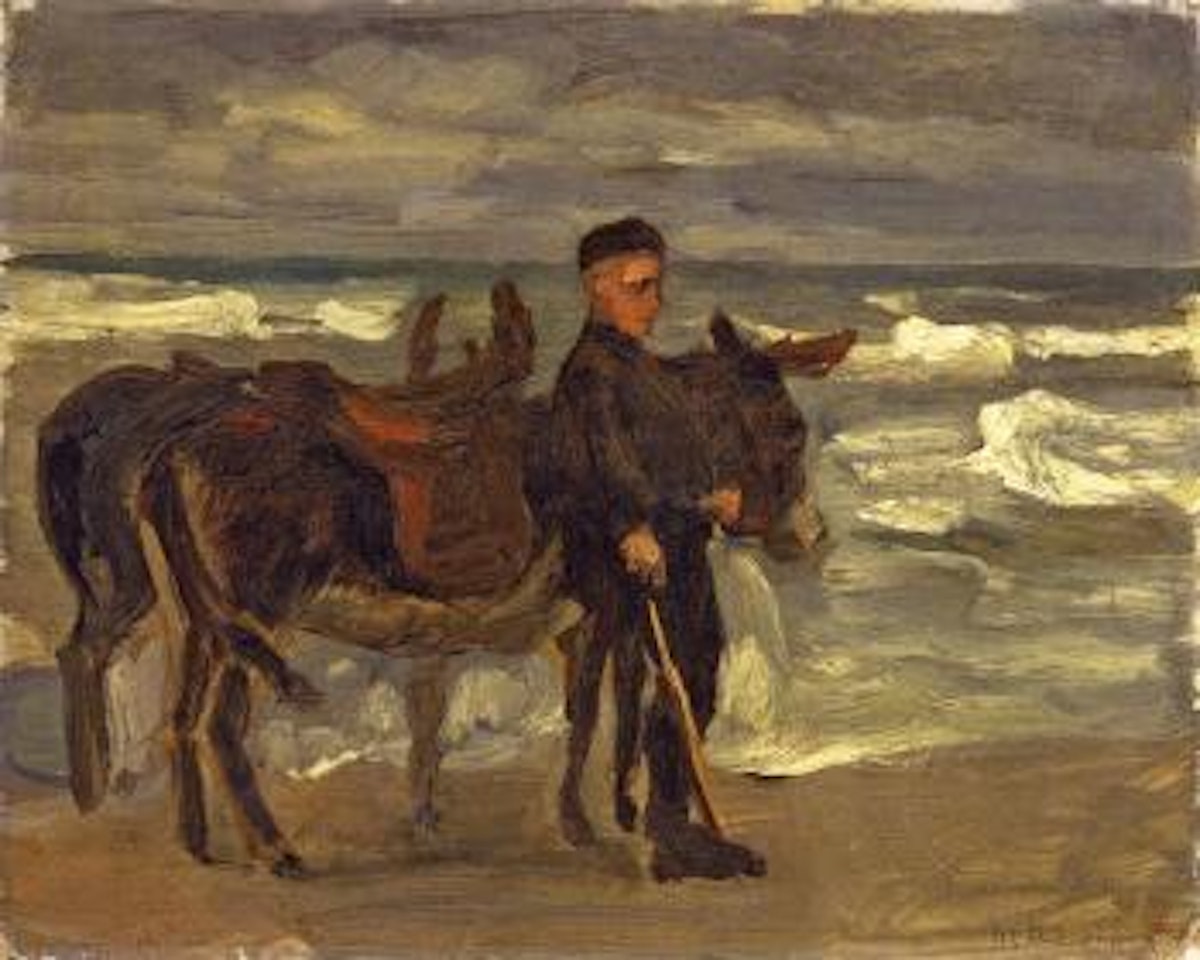 Junge mit zwei Reiteseln am Meer by Max Liebermann
