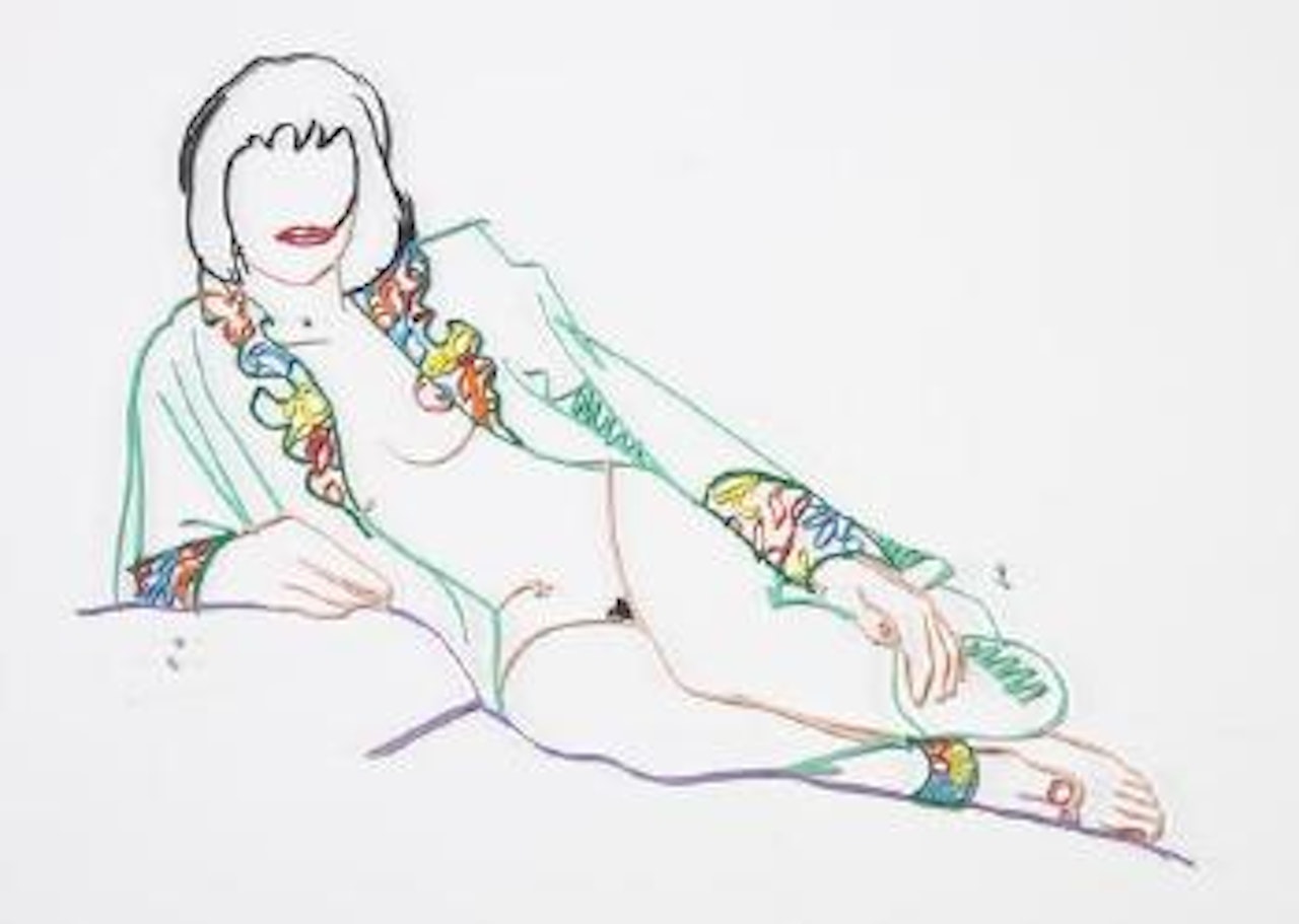 Monica lying on one elbow with robe by Tom Wesselmann