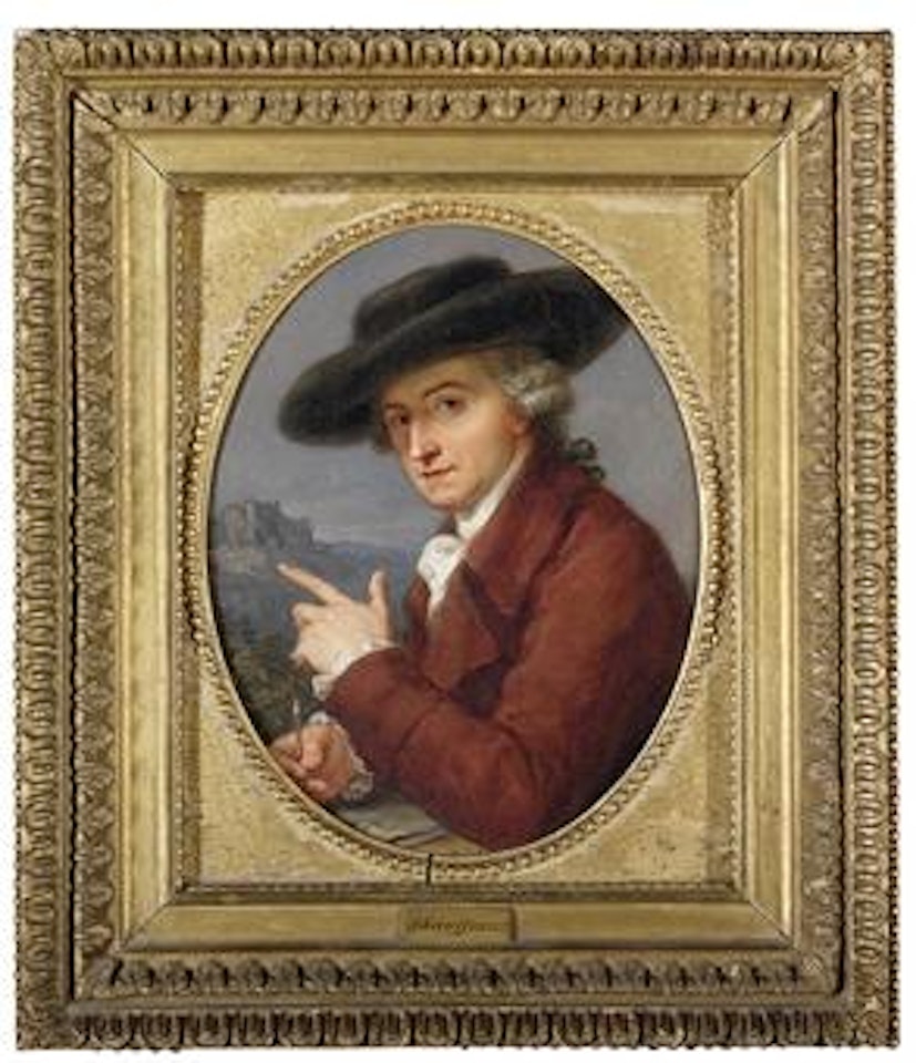 Portrait of Antonio Pietro Zucchi, ARA (1726-1795), the artist's husband, small half-length, in a russet coat and a black hat, drawing, a castle on a hill in the distance by Angelica Kauffmann