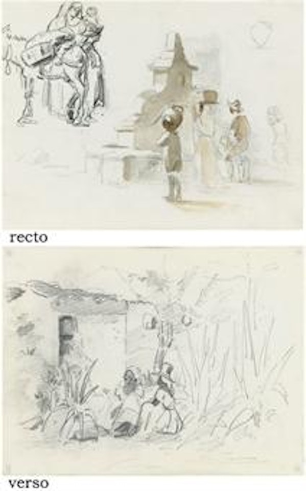 Figures by a fountain and three figures with a donkey (recto); Two women sitting in a garden by a house (verso) by Camille Pissarro
