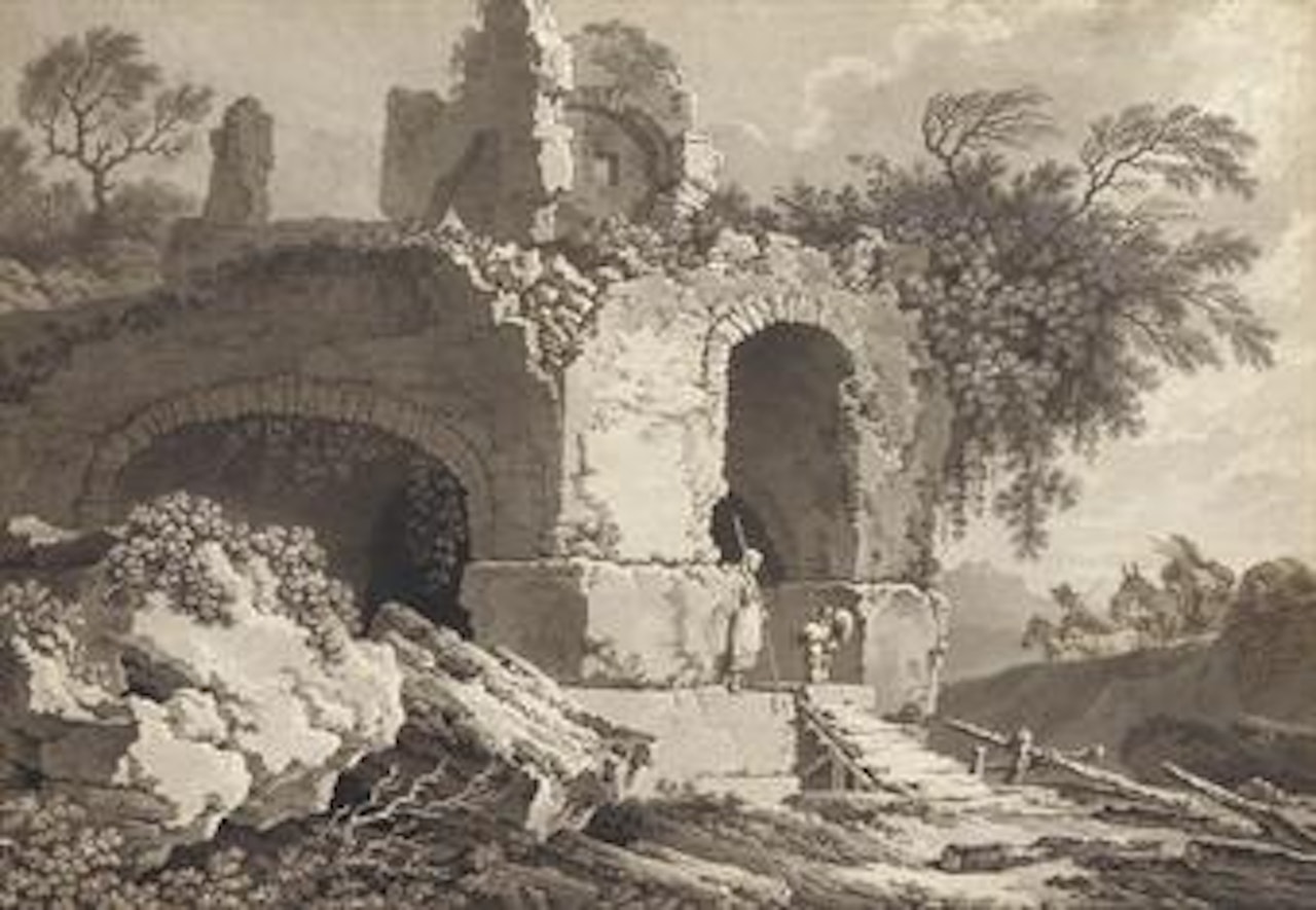 A peasant family and their animals among classical ruins by Pietro IL Vecchio Palmieri