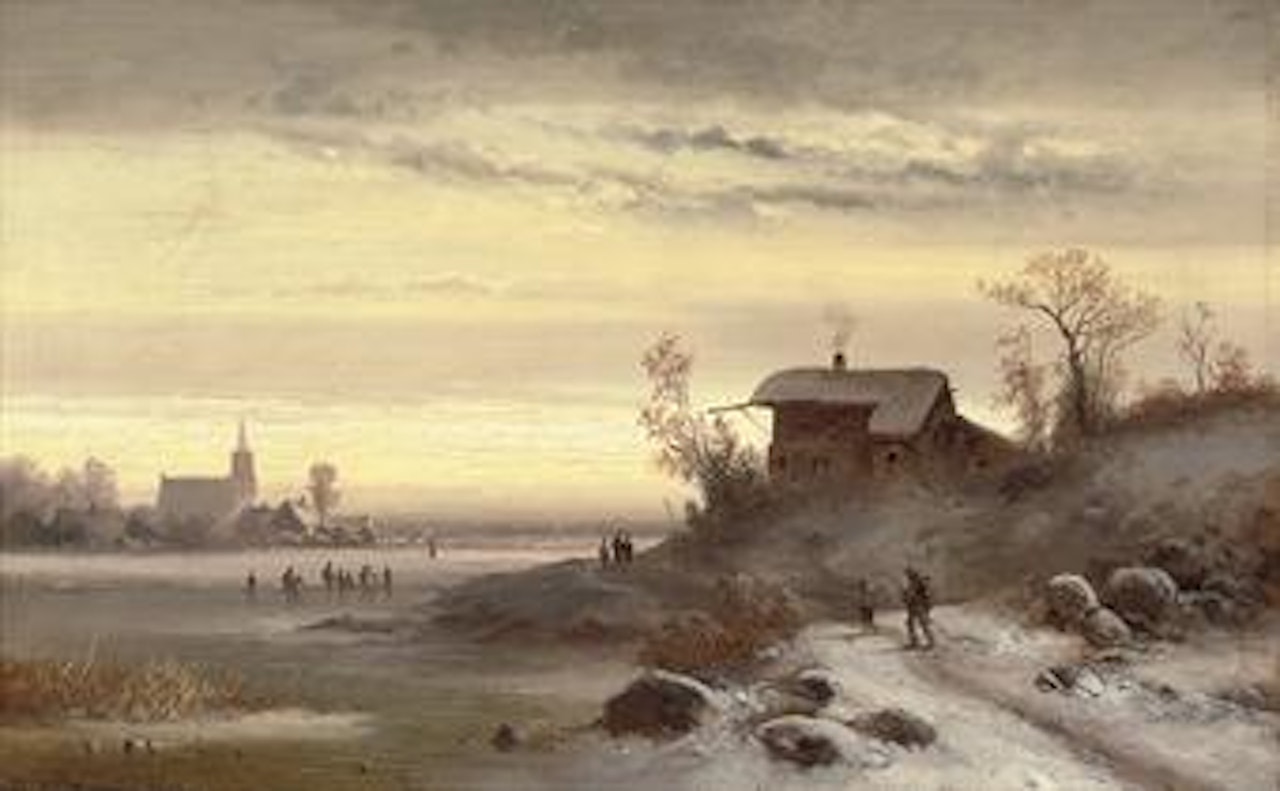 Skaters on a frozen lake at dusk by Anton Doll