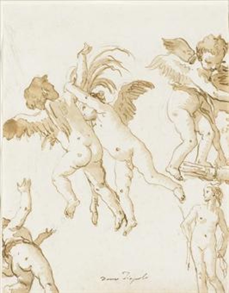 Four amorini playing and a statue of a nude woman by Giovanni Domenico Tiepolo