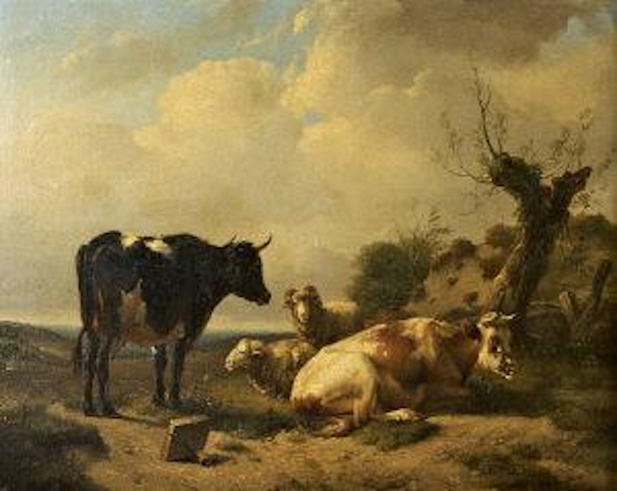 Cattle and sheep in a coastal landscape by Thomas Sidney Cooper