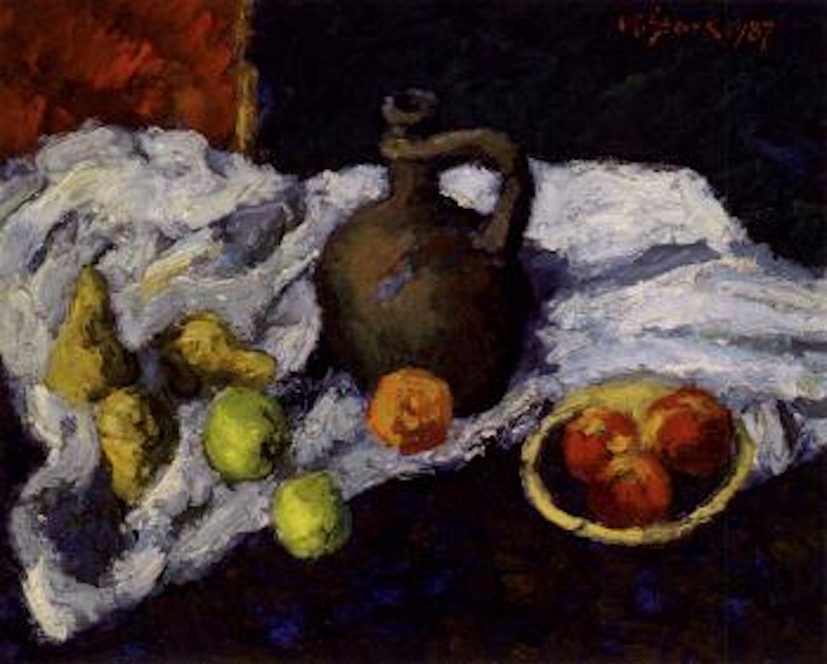 Still Life with Jug, Apples and Pears on a White Cloth by Karl Stark