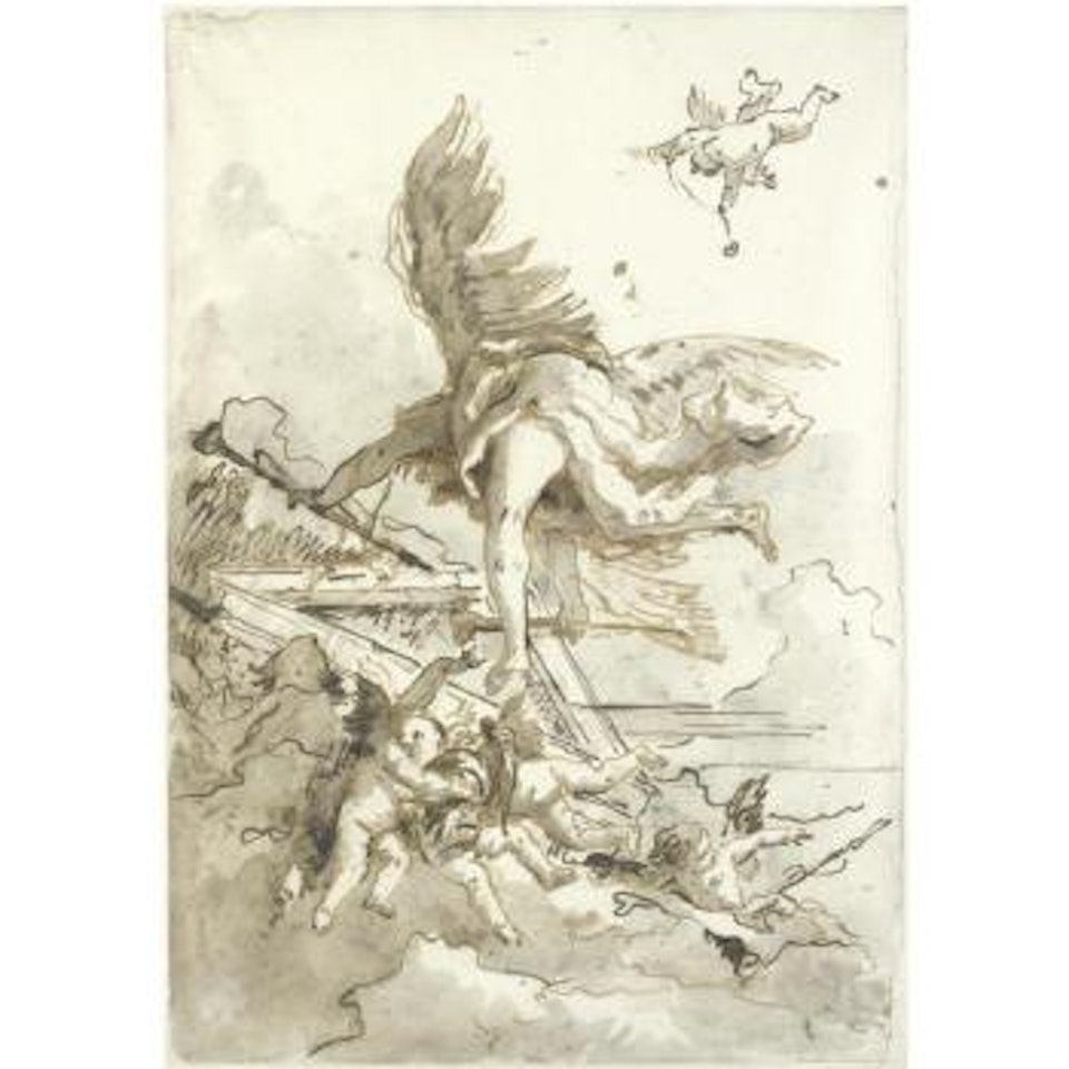 Fame, Surrounded By Putti, Seen From Below, Flying Around A Pediment by Giovanni Domenico Tiepolo