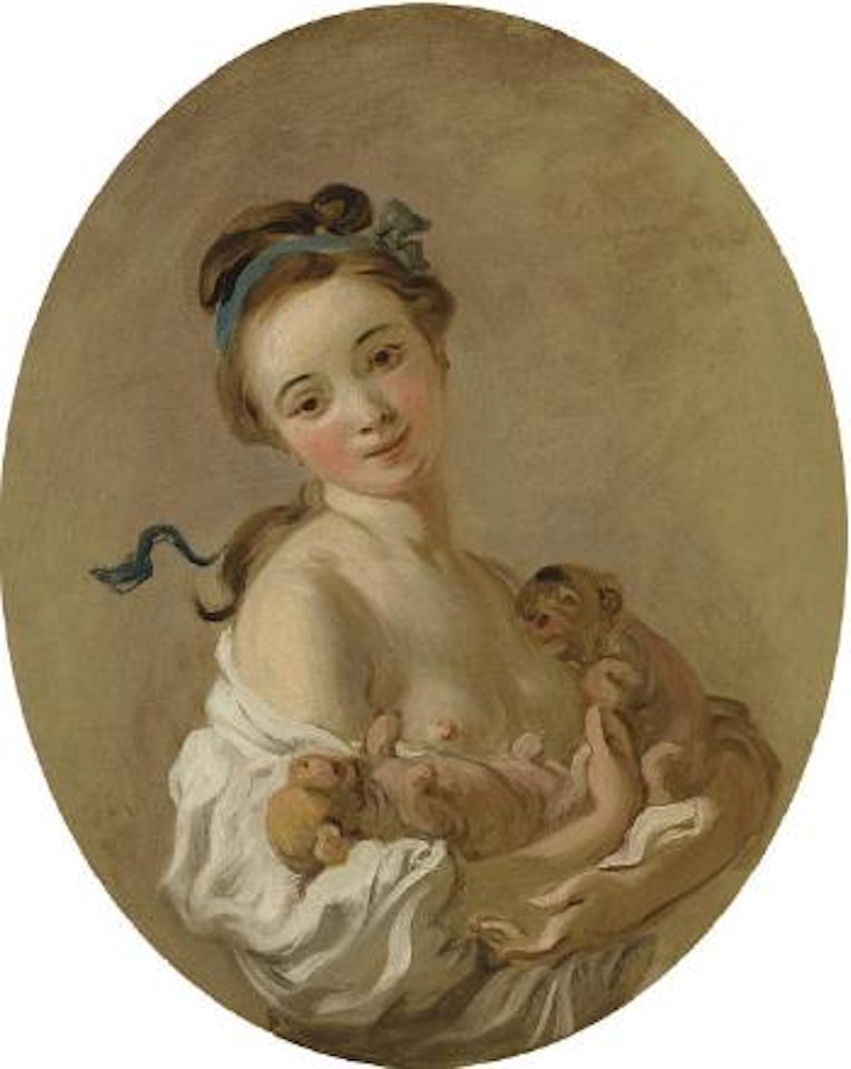 Young girl holding two puppies by Jean-Honoré Fragonard