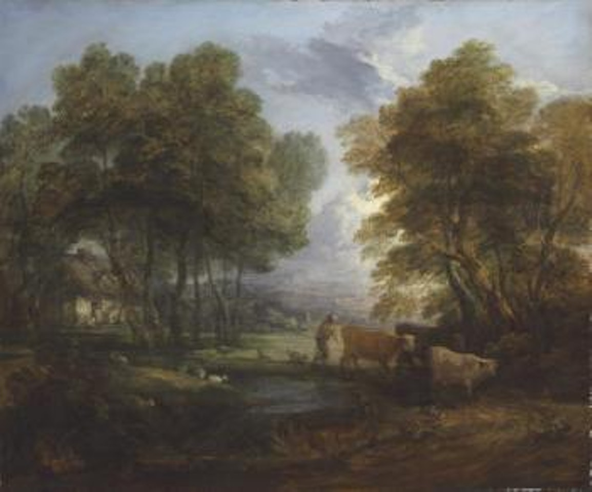 A wooded landscape with a herdsman, cows and sheep near a pool by Thomas Gainsborough