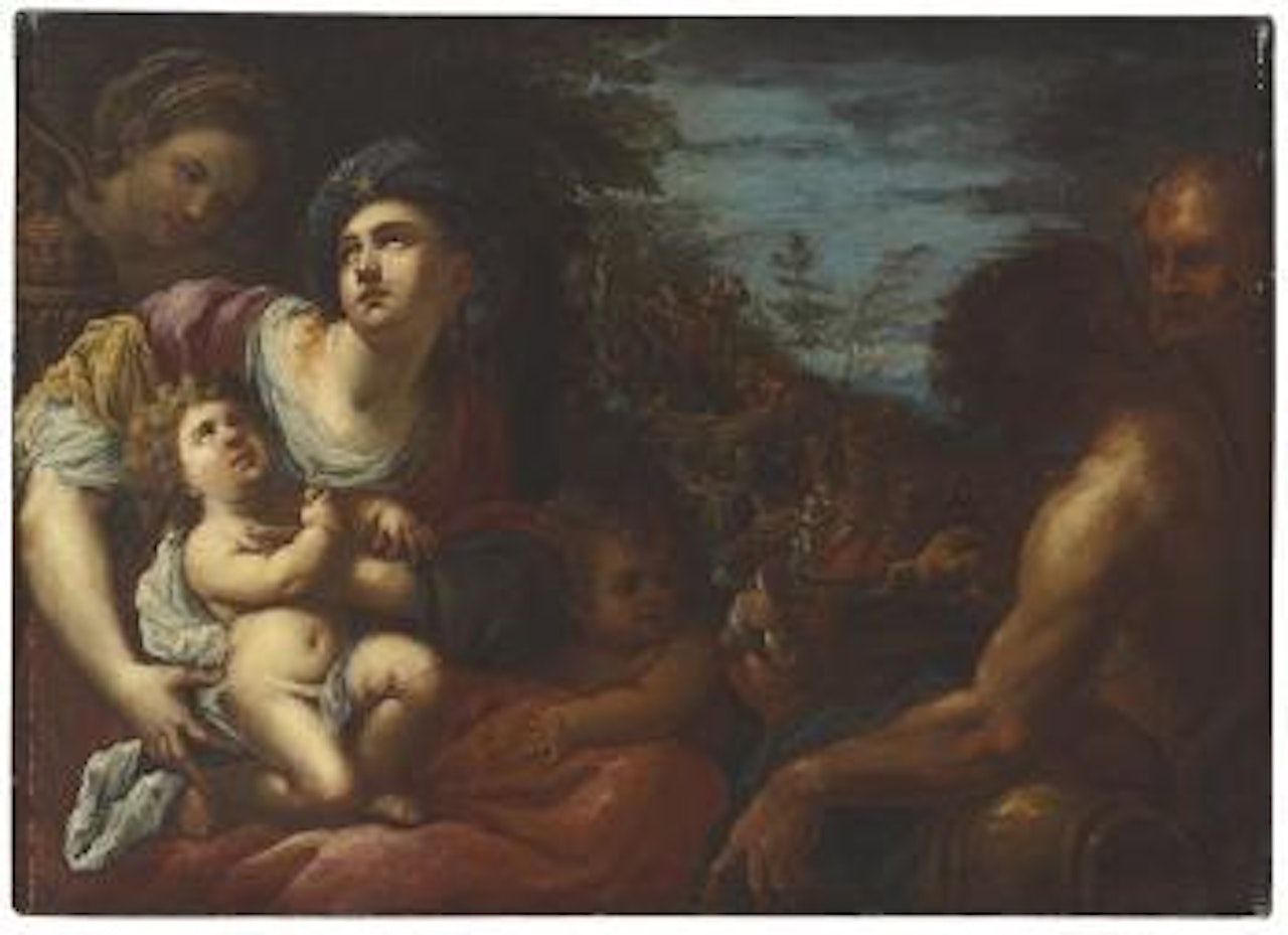 Pharoah's daughter finding the infant Moses, with Moses drawing water from the rock beyond by BOLOGNESE SCHOOL